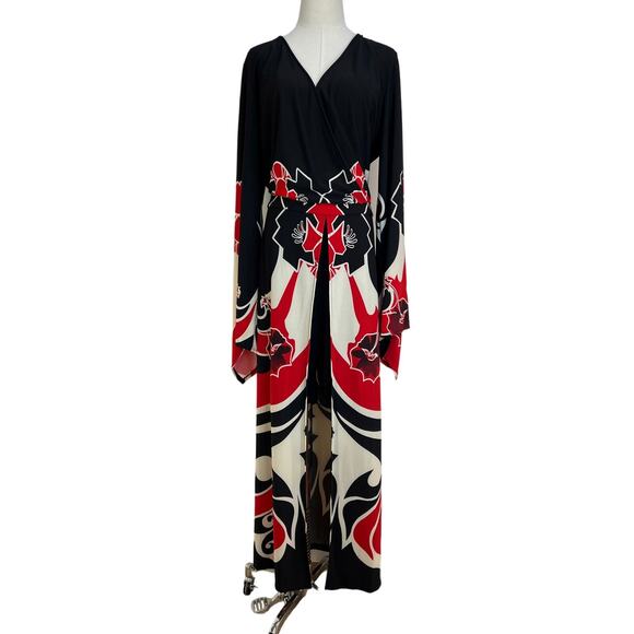 Ashley Stewart Romper Maxi Kimono Style Dress Printed Black - Picture 1 of 11